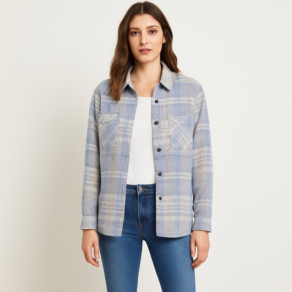 Casa Cabana Plaid Shacket – Blue Beige Grey Overshirt Medium Fall Transitional